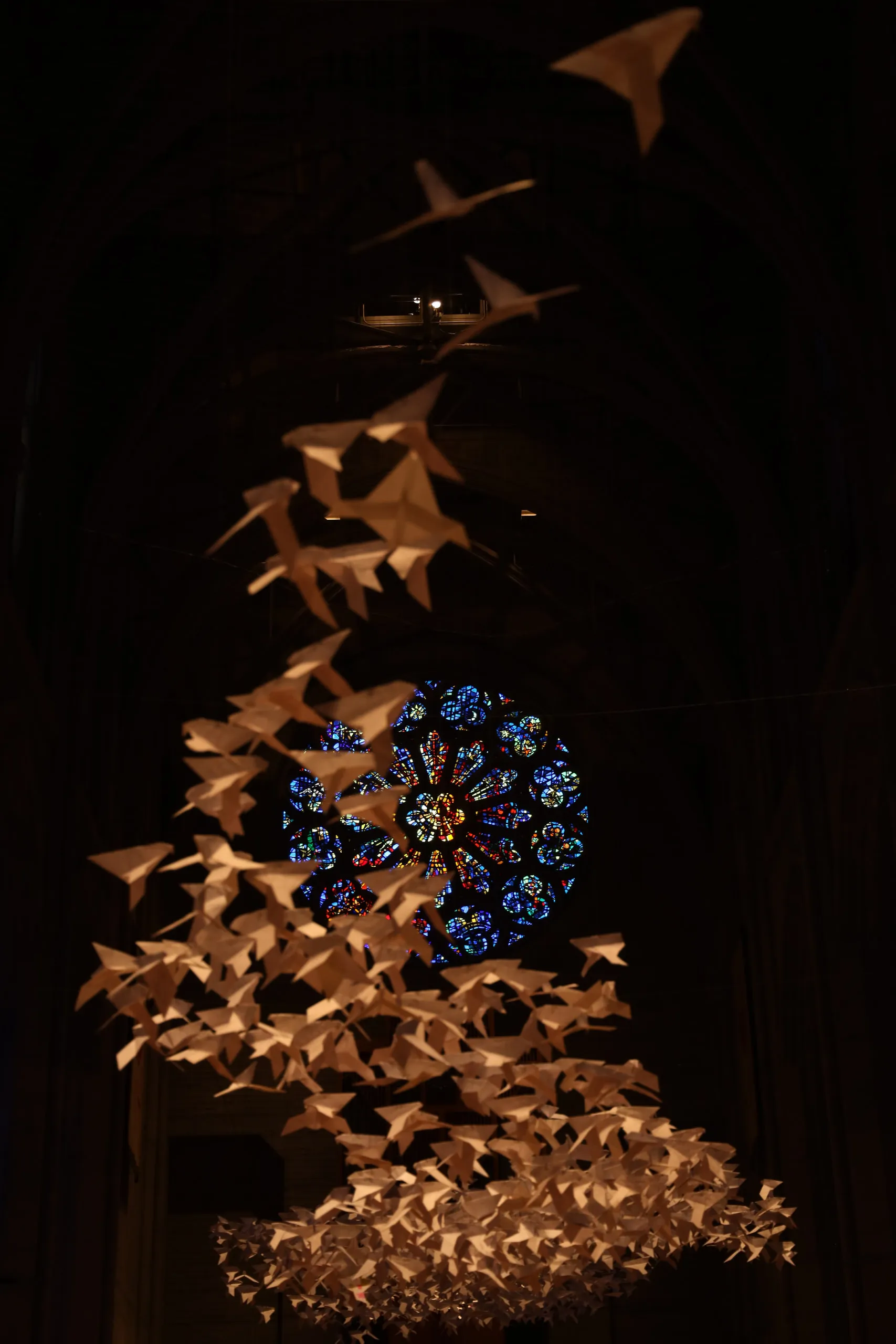 A flock of suspended paper birds rises toward stained glass in a dark interior.